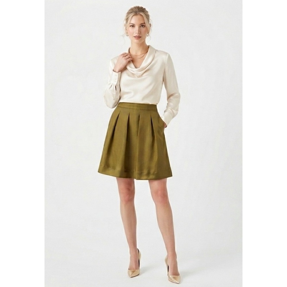 Fei for Anthropologie Silk Pleated Skirt Womens 6 Olive Green Flared Knee Good